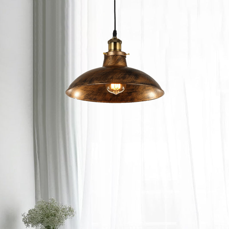 Wrought Iron Domed Ceiling Fixture Industrial 12"/14" W 1 Light Dining Room Pendant Lighting in Weathered Brass/Black Clearhalo 'Art Deco Pendants' 'Black' 'Cast Iron' 'Ceiling Lights' 'Ceramic' 'Crystal' 'Industrial Pendants' 'Industrial' 'Metal' 'Middle Century Pendants' 'Pendant Lights' 'Pendants' 'Rustic Pendants' 'Tiffany' Lighting' 1419623