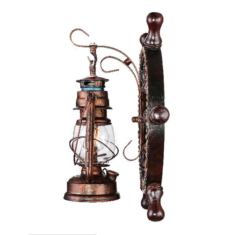 Weathered Copper Kerosene Wall Lighting Coastal Clear Glass 1 Light Bedroom Sconce Light Fixture with Wheel Clearhalo 'Industrial wall lights' 'Industrial' 'Middle century wall lights' 'Rustic wall lights' 'Tiffany' 'Wall Lamps & Sconces' 'Wall Lights' Lighting' 1419626