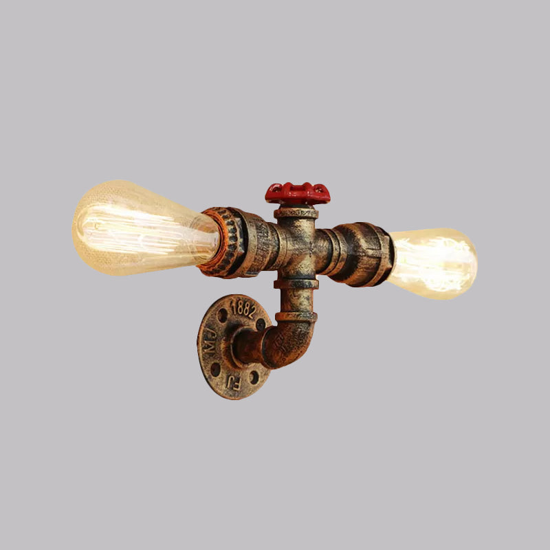 Bronze/Antique Brass 2 Heads Wall Light Fixture Warehouse Style Wrought Iron Bare Bulb Sconce Lamp with Pipe and Valve Clearhalo 'Art deco wall lights' 'Cast Iron' 'Glass' 'Industrial wall lights' 'Industrial' 'Middle century wall lights' 'Modern' 'Rustic wall lights' 'Tiffany' 'Traditional wall lights' 'Wall Lamps & Sconces' 'Wall Lights' Lighting' 1419639