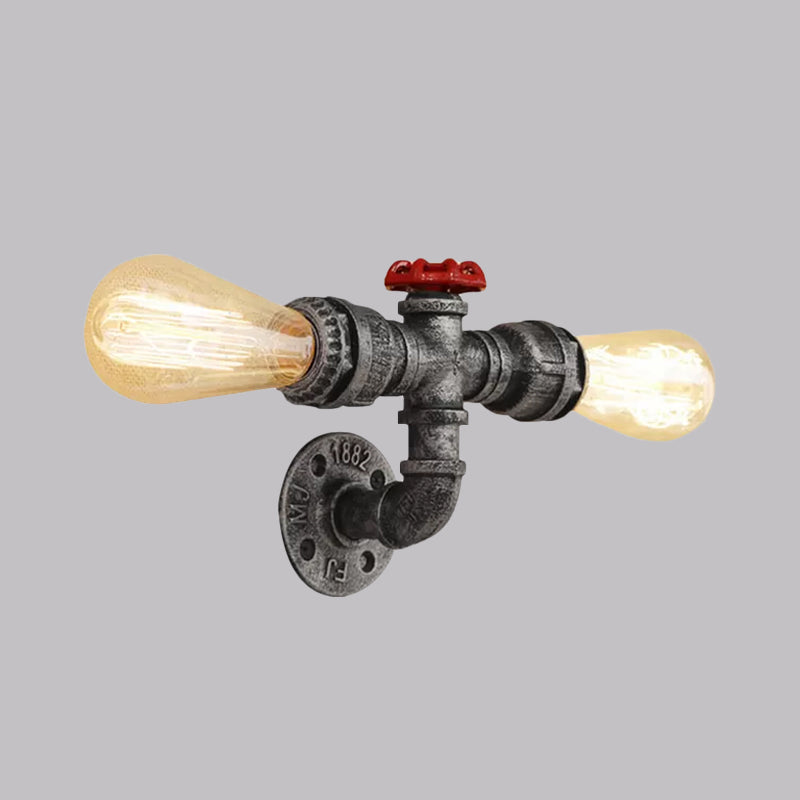 Bronze/Antique Brass 2 Heads Wall Light Fixture Warehouse Style Wrought Iron Bare Bulb Sconce Lamp with Pipe and Valve Clearhalo 'Art deco wall lights' 'Cast Iron' 'Glass' 'Industrial wall lights' 'Industrial' 'Middle century wall lights' 'Modern' 'Rustic wall lights' 'Tiffany' 'Traditional wall lights' 'Wall Lamps & Sconces' 'Wall Lights' Lighting' 1419640