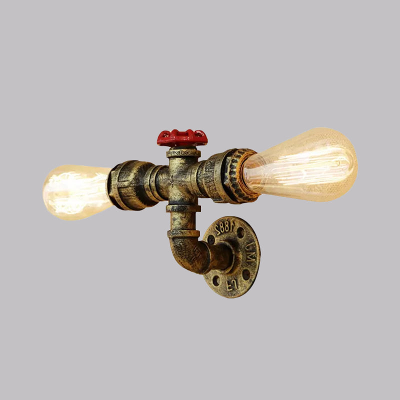 Bronze/Antique Brass 2 Heads Wall Light Fixture Warehouse Style Wrought Iron Bare Bulb Sconce Lamp with Pipe and Valve Clearhalo 'Art deco wall lights' 'Cast Iron' 'Glass' 'Industrial wall lights' 'Industrial' 'Middle century wall lights' 'Modern' 'Rustic wall lights' 'Tiffany' 'Traditional wall lights' 'Wall Lamps & Sconces' 'Wall Lights' Lighting' 1419641