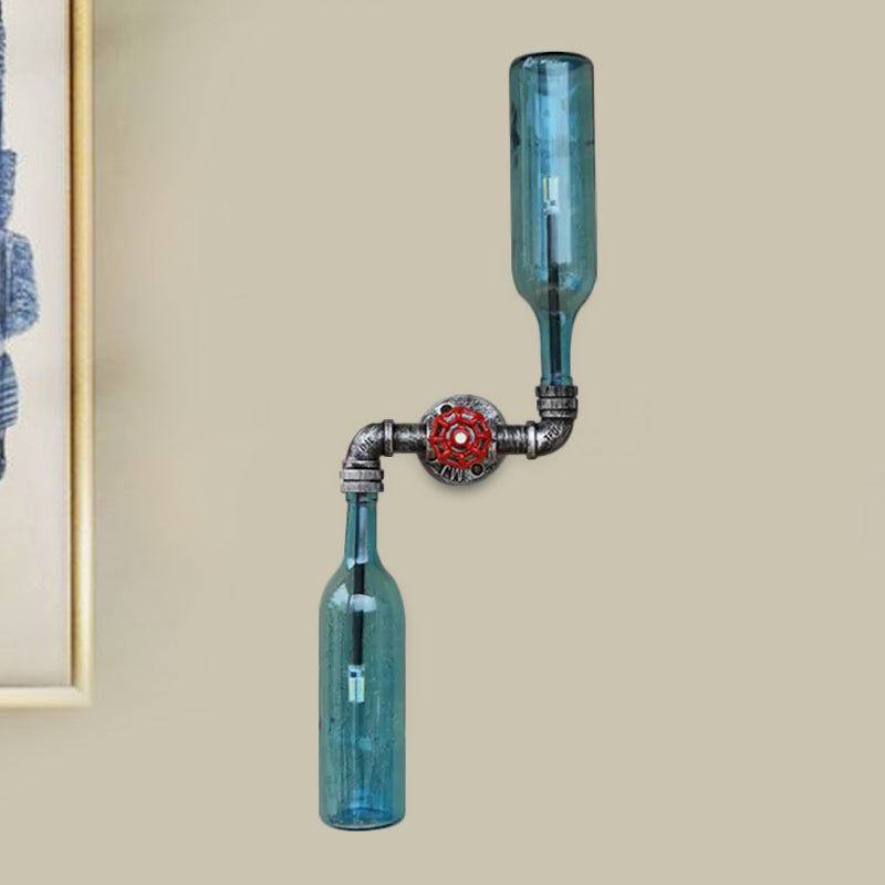 Glass Gray/Blue Wall Sconce Light Wine Bottle 2 Lights Industrial Style Wall Mount Light for Living Room Clearhalo 'Cast Iron' 'Glass' 'Industrial wall lights' 'Industrial' 'Middle century wall lights' 'Modern' 'Tiffany' 'Traditional wall lights' 'Wall Lamps & Sconces' 'Wall Lights' Lighting' 1419662