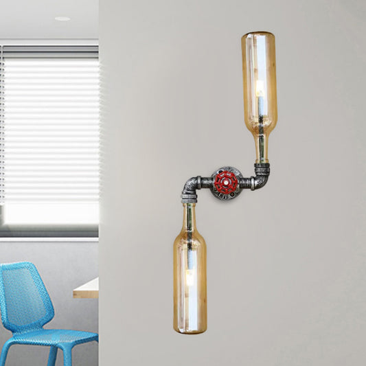 Glass Gray/Blue Wall Sconce Light Wine Bottle 2 Lights Industrial Style Wall Mount Light for Living Room Clearhalo 'Cast Iron' 'Glass' 'Industrial wall lights' 'Industrial' 'Middle century wall lights' 'Modern' 'Tiffany' 'Traditional wall lights' 'Wall Lamps & Sconces' 'Wall Lights' Lighting' 1419663