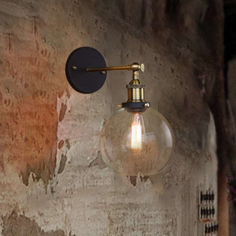 Spherical Living Room Wall Light Fixture Industrial Clear Glass 1 Light Brass Sconce Lamp Clearhalo 'Art deco wall lights' 'Cast Iron' 'Glass' 'Industrial wall lights' 'Industrial' 'Middle century wall lights' 'Modern' 'Rustic wall lights' 'Tiffany' 'Traditional wall lights' 'Wall Lamps & Sconces' 'Wall Lights' Lighting' 1419689