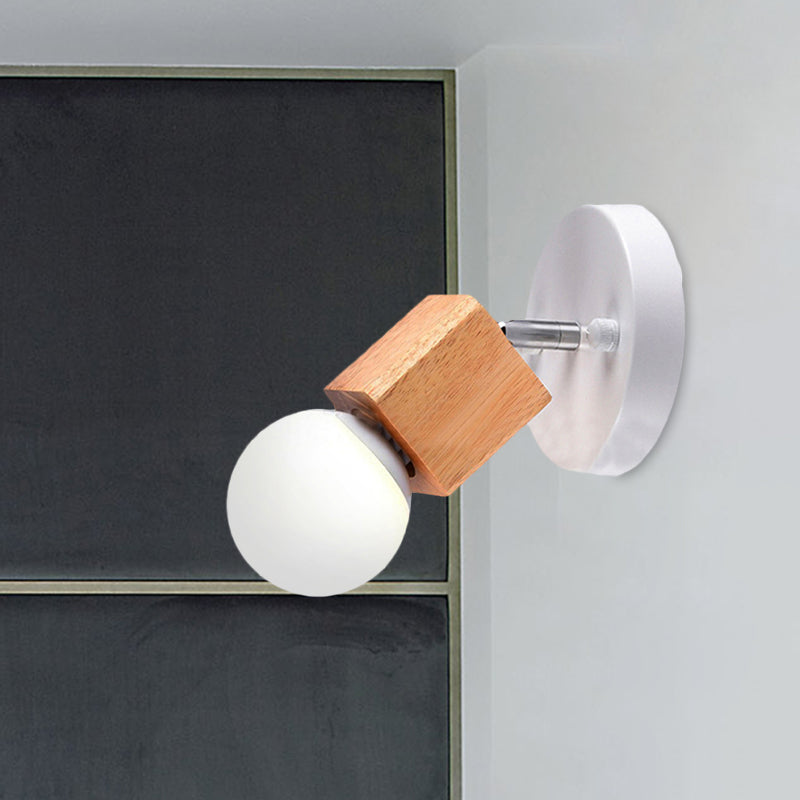 Black/White 1 Head Wall Light Sconce Industrial Style Wood Squared Wall Mount Light with Circular Backplate Clearhalo 'Industrial wall lights' 'Industrial' 'Middle century wall lights' 'Rustic wall lights' 'Tiffany' 'Wall Lamps & Sconces' 'Wall Lights' Lighting' 1419707