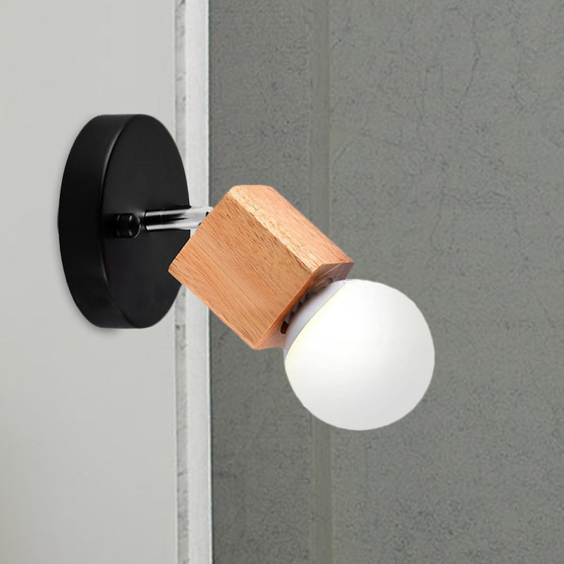 Black/White 1 Head Wall Light Sconce Industrial Style Wood Squared Wall Mount Light with Circular Backplate Clearhalo 'Industrial wall lights' 'Industrial' 'Middle century wall lights' 'Rustic wall lights' 'Tiffany' 'Wall Lamps & Sconces' 'Wall Lights' Lighting' 1419709