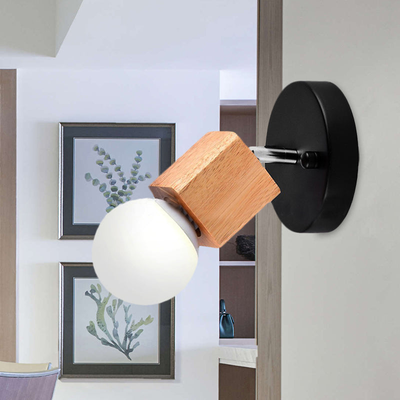 Black/White 1 Head Wall Light Sconce Industrial Style Wood Squared Wall Mount Light with Circular Backplate Clearhalo 'Industrial wall lights' 'Industrial' 'Middle century wall lights' 'Rustic wall lights' 'Tiffany' 'Wall Lamps & Sconces' 'Wall Lights' Lighting' 1419710