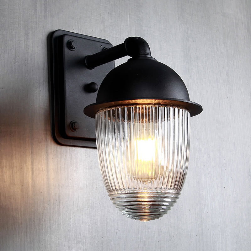 Ribbed Glass Black Sconce Light Thick Jelly Jar 1-Light Industrial Wall Lamp Fixture, 5"/6" Wide Clearhalo 'Art deco wall lights' 'Cast Iron' 'Glass' 'Industrial wall lights' 'Industrial' 'Middle century wall lights' 'Modern' 'Rustic wall lights' 'Tiffany' 'Traditional wall lights' 'Wall Lamps & Sconces' 'Wall Lights' Lighting' 1419718
