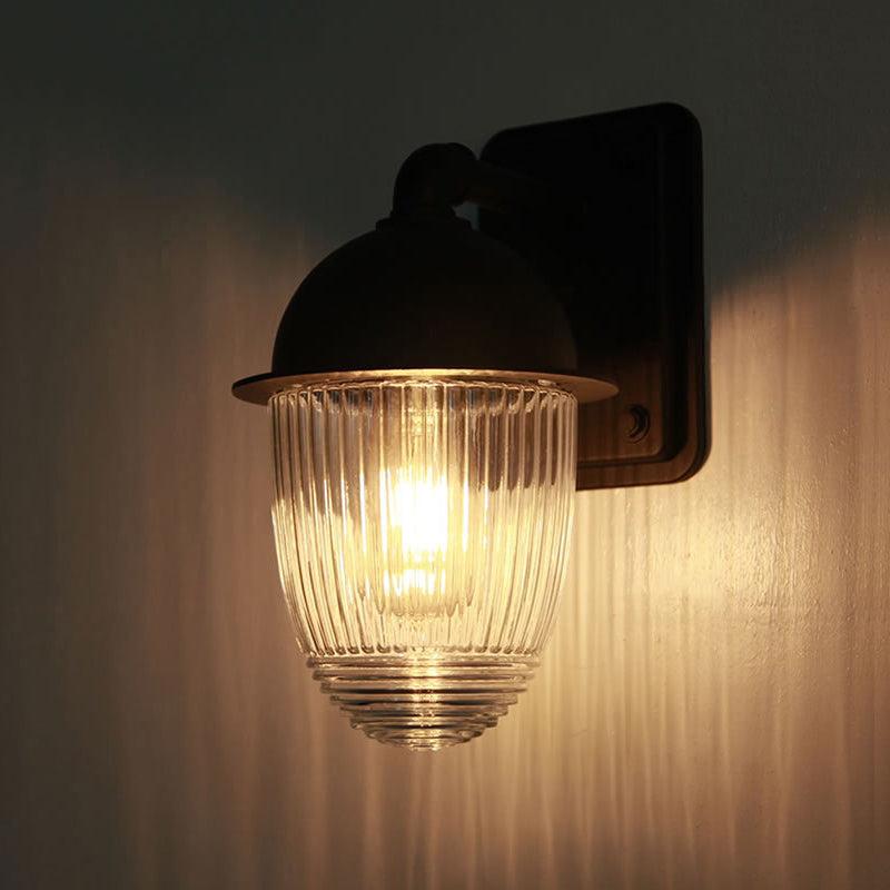 Ribbed Glass Black Sconce Light Thick Jelly Jar 1-Light Industrial Wall Lamp Fixture, 5"/6" Wide Clearhalo 'Art deco wall lights' 'Cast Iron' 'Glass' 'Industrial wall lights' 'Industrial' 'Middle century wall lights' 'Modern' 'Rustic wall lights' 'Tiffany' 'Traditional wall lights' 'Wall Lamps & Sconces' 'Wall Lights' Lighting' 1419719