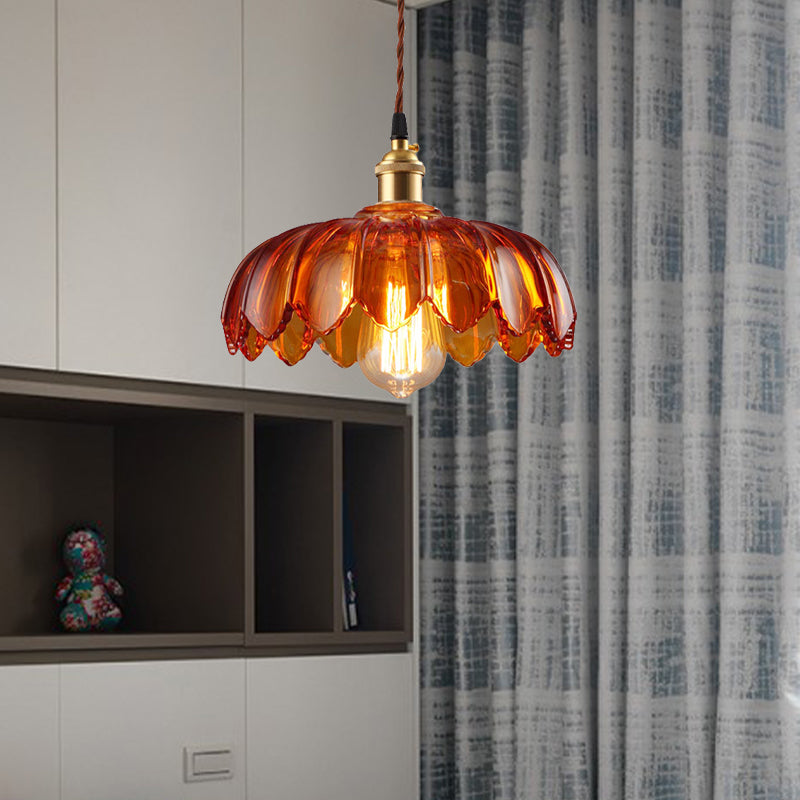 Scalloped Pendant Lighting Corridor Amber Glass Single Bulb Vintage Hanging Light, 8"/10"/12" Wide Clearhalo 'Ceiling Lights' 'Glass shade' 'Glass' 'Industrial Pendants' 'Industrial' 'Middle Century Pendants' 'Pendant Lights' 'Pendants' 'Tiffany' Lighting' 1419728
