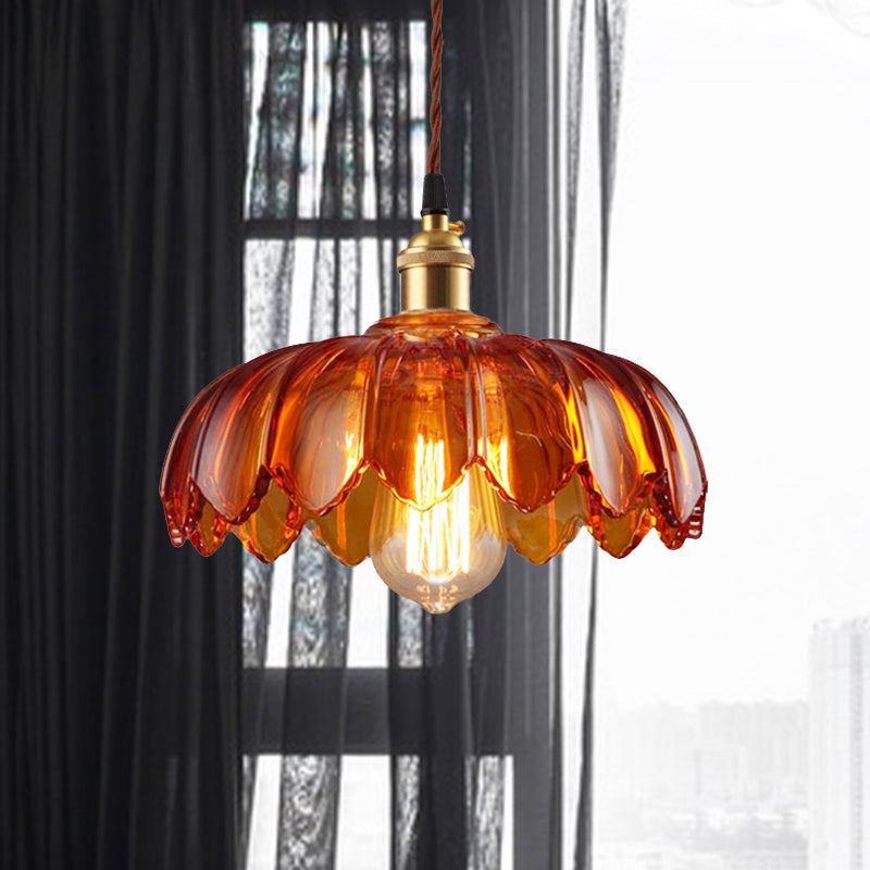 Scalloped Pendant Lighting Corridor Amber Glass Single Bulb Vintage Hanging Light, 8"/10"/12" Wide Clearhalo 'Ceiling Lights' 'Glass shade' 'Glass' 'Industrial Pendants' 'Industrial' 'Middle Century Pendants' 'Pendant Lights' 'Pendants' 'Tiffany' Lighting' 1419729
