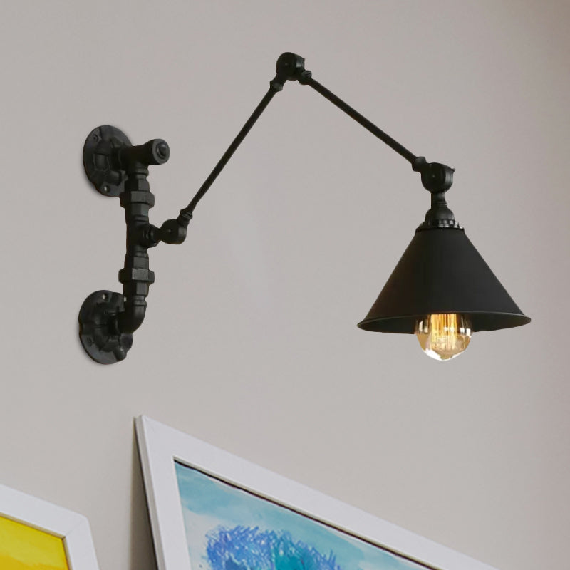 Swing Arm Bedroom Wall Sconce Industrial Metal 1 Light Black Wall Mount Light with Cone Shade, 7"/8.5" Wide Clearhalo 'Art deco wall lights' 'Cast Iron' 'Glass' 'Industrial wall lights' 'Industrial' 'Middle century wall lights' 'Modern' 'Rustic wall lights' 'Tiffany' 'Traditional wall lights' 'Wall Lamps & Sconces' 'Wall Lights' Lighting' 1419731