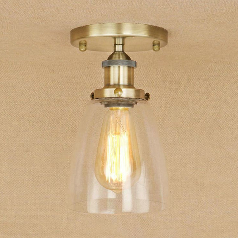 One Bulb Light Fixtures Ceiling Industrial Cone Clear Glass Semi Flush Mount Lighting in Silver/Brass/Rust Clearhalo 'Ceiling Lights' 'Close To Ceiling Lights' 'Close to ceiling' 'Glass shade' 'Glass' 'Semi-flushmount' Lighting' 1419797