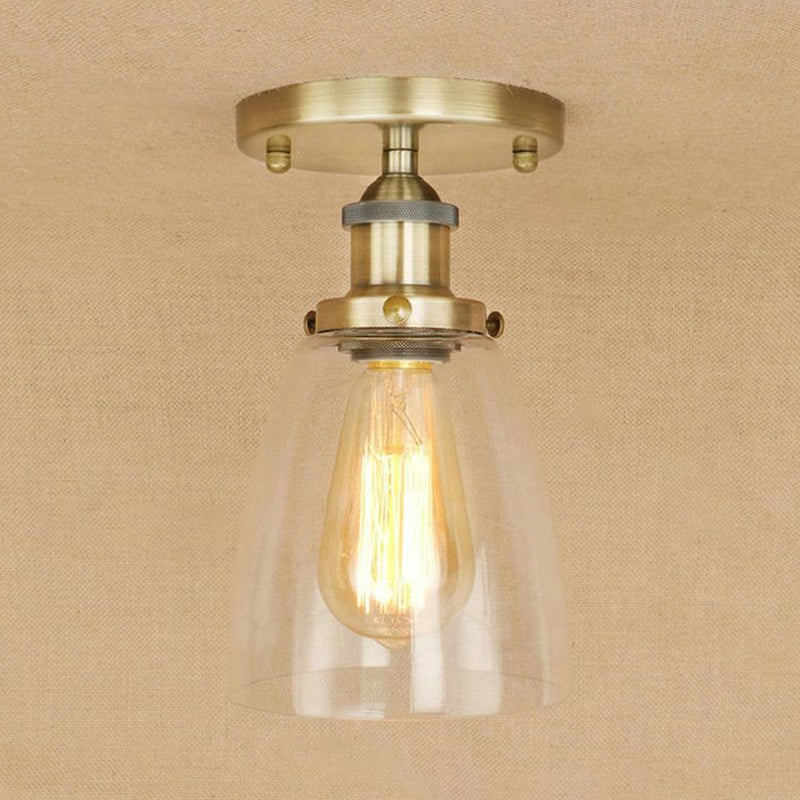 One Bulb Light Fixtures Ceiling Industrial Cone Clear Glass Semi Flush Mount Lighting in Silver/Brass/Rust Clearhalo 'Ceiling Lights' 'Close To Ceiling Lights' 'Close to ceiling' 'Glass shade' 'Glass' 'Semi-flushmount' Lighting' 1419797