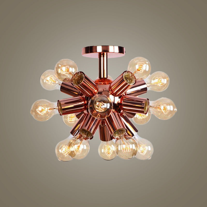 6/9 Heads Starburst Semi Flush Ceiling Light Vintage Copper Metal Semi Flush Light with Bare Bulb for Restaurant Clearhalo 'Ceiling Lights' 'Close To Ceiling Lights' 'Close to ceiling' 'Semi-flushmount' Lighting' 1419800