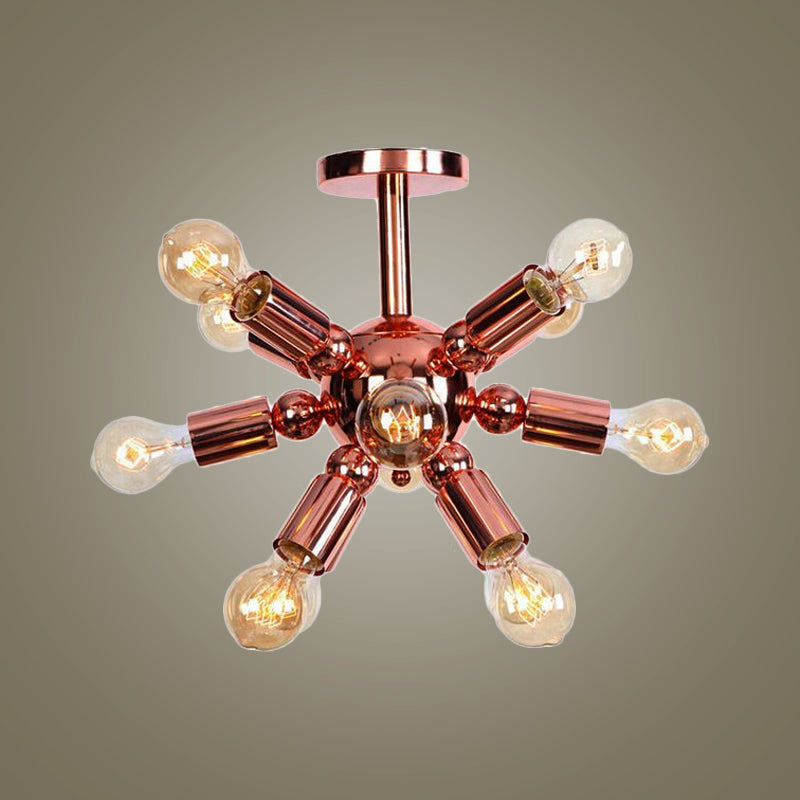6/9 Lights Starburst Semi Flush Light Fixture Vintage Copper Finish Metal Ceiling Mounted Fixture for Bedroom Clearhalo 'Ceiling Lights' 'Close To Ceiling Lights' 'Close to ceiling' 'Semi-flushmount' Lighting' 1419807