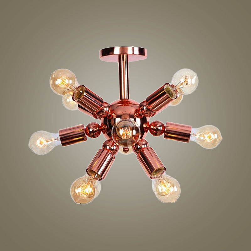 6/9 Lights Starburst Semi Flush Light Fixture Vintage Copper Finish Metal Ceiling Mounted Fixture for Bedroom Clearhalo 'Ceiling Lights' 'Close To Ceiling Lights' 'Close to ceiling' 'Semi-flushmount' Lighting' 1419807