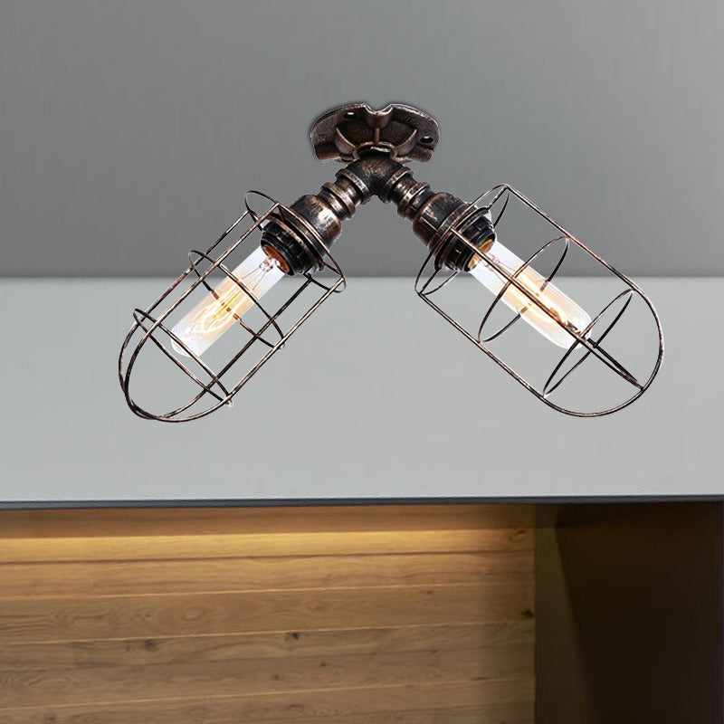 Pipe Living Room Semi-Flush Mount Light with Cage Shade Coastal Style Wrought Iron 2 Bulbs Aged Silver/Bronze Ceiling Lighting Clearhalo 'Ceiling Lights' 'Close To Ceiling Lights' 'Close to ceiling' 'Semi-flushmount' Lighting' 1419831