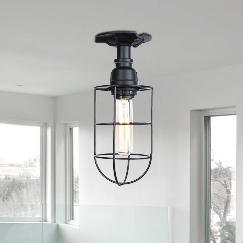 Black/Bronze 1 Bulb Semi-Flush Mount Light Vintage Metal Wire Guard Ceiling Mounted Light for Corridor - Clearhalo - 'Ceiling Lights' - 'Close To Ceiling Lights' - 'Close to ceiling' - 'Semi-flushmount' - Lighting' - 1419838
