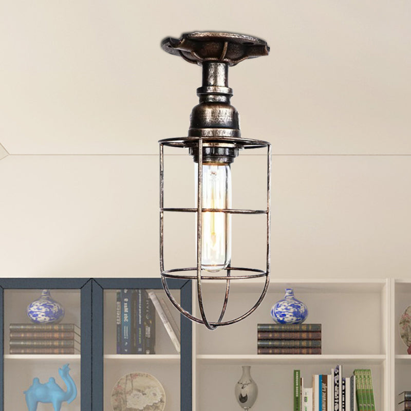Black/Bronze 1 Bulb Semi-Flush Mount Light Vintage Metal Wire Guard Ceiling Mounted Light for Corridor - Clearhalo - 'Ceiling Lights' - 'Close To Ceiling Lights' - 'Close to ceiling' - 'Semi-flushmount' - Lighting' - 1419840