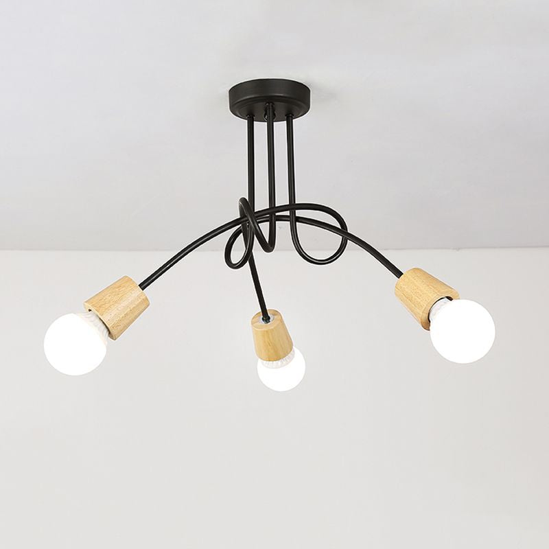 Metal Open Bulb Ceiling Light Fixture with Twisted Arm Loft Style 3/5 Lights Kitchen Semi Flush Pendant Light in Wood Clearhalo 'Ceiling Lights' 'Close To Ceiling Lights' 'Close to ceiling' 'Semi-flushmount' Lighting' 1419848