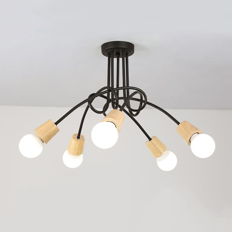 Metal Open Bulb Ceiling Light Fixture with Twisted Arm Loft Style 3/5 Lights Kitchen Semi Flush Pendant Light in Wood Clearhalo 'Ceiling Lights' 'Close To Ceiling Lights' 'Close to ceiling' 'Semi-flushmount' Lighting' 1419849
