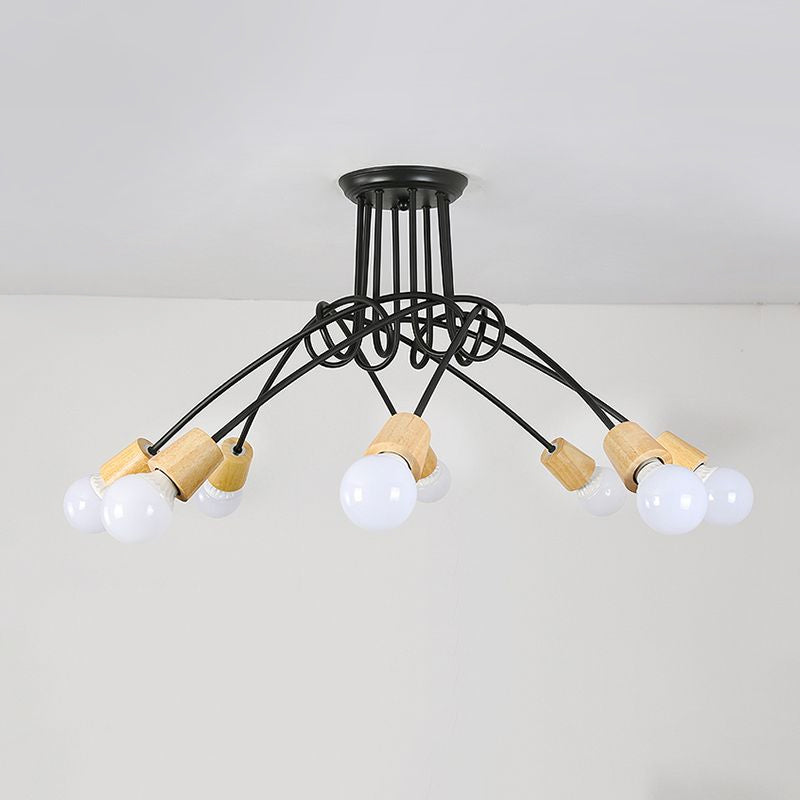 Metal Open Bulb Ceiling Light Fixture with Twisted Arm Loft Style 3/5 Lights Kitchen Semi Flush Pendant Light in Wood Clearhalo 'Ceiling Lights' 'Close To Ceiling Lights' 'Close to ceiling' 'Semi-flushmount' Lighting' 1419850