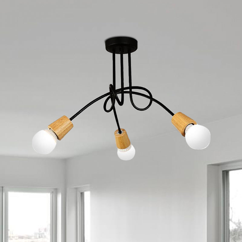 Metal Open Bulb Ceiling Light Fixture with Twisted Arm Loft Style 3/5 Lights Kitchen Semi Flush Pendant Light in Wood Clearhalo 'Ceiling Lights' 'Close To Ceiling Lights' 'Close to ceiling' 'Semi-flushmount' Lighting' 1419851