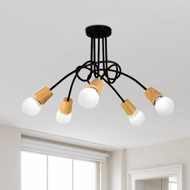 Metal Open Bulb Ceiling Light Fixture with Twisted Arm Loft Style 3/5 Lights Kitchen Semi Flush Pendant Light in Wood Clearhalo 'Ceiling Lights' 'Close To Ceiling Lights' 'Close to ceiling' 'Semi-flushmount' Lighting' 1419852