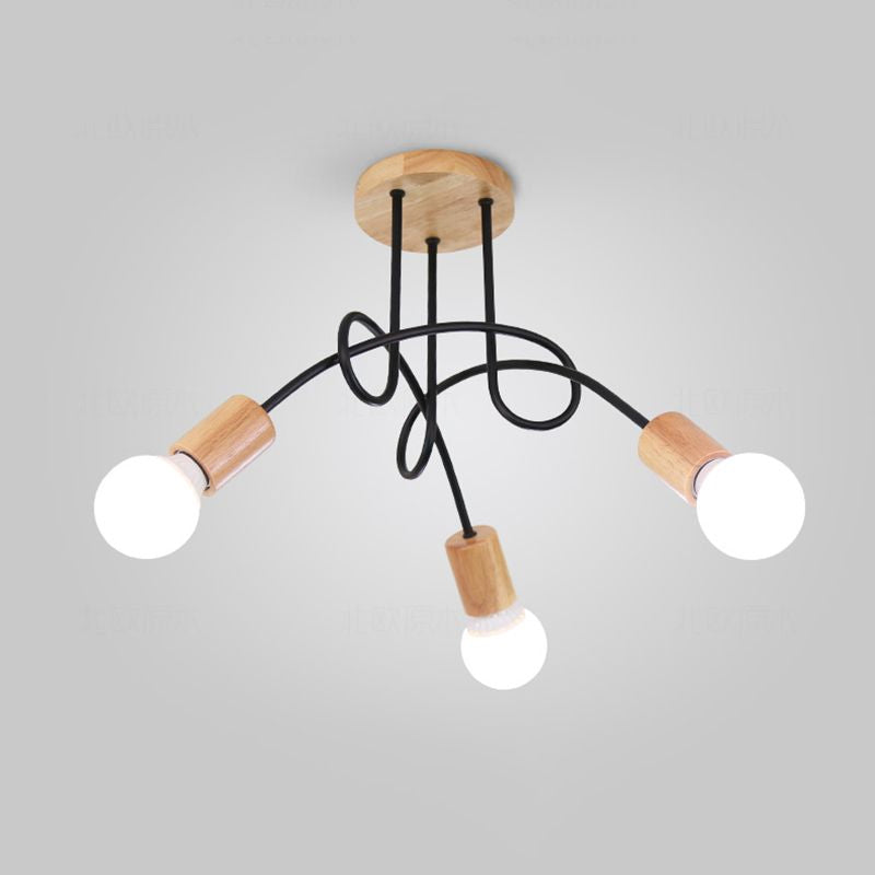 Open Bulb Metal Ceiling Flush Mount Loft Industrial 3/5 Lights Indoor Semi Mount Lighting with Wooden Cap Clearhalo 'Ceiling Lights' 'Close To Ceiling Lights' 'Close to ceiling' 'Semi-flushmount' Lighting' 1419853