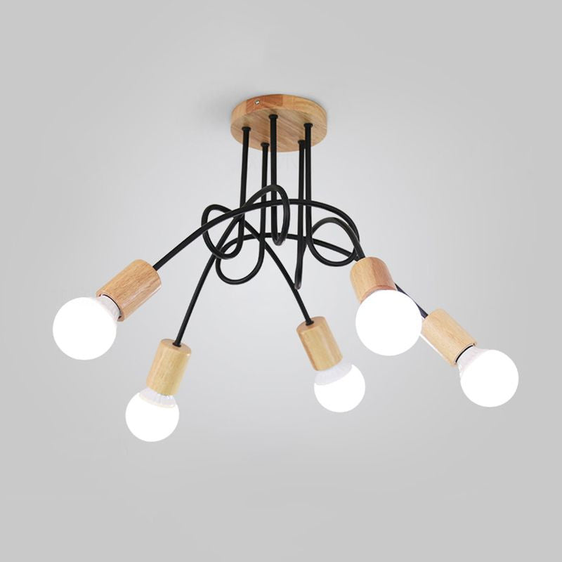 Open Bulb Metal Ceiling Flush Mount Loft Industrial 3/5 Lights Indoor Semi Mount Lighting with Wooden Cap Clearhalo 'Ceiling Lights' 'Close To Ceiling Lights' 'Close to ceiling' 'Semi-flushmount' Lighting' 1419854