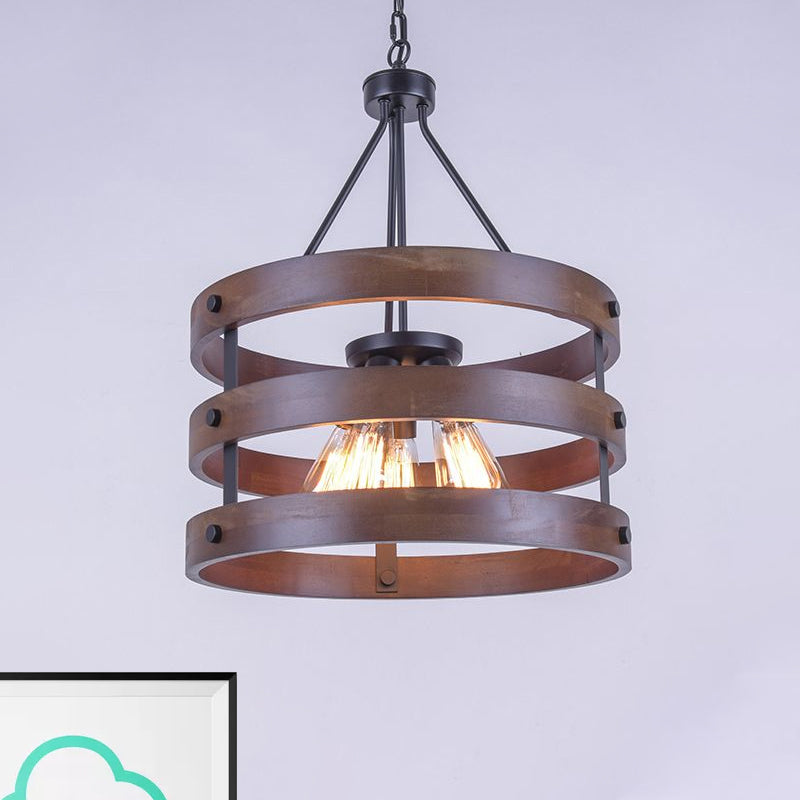 Cylinder Cage Restaurant Pendant Lamp Lodge Style Metal and Wood 1 Light Brown Hanging Light with Adjustable Chain Clearhalo 'Cast Iron' 'Ceiling Lights' 'Chandeliers' 'Industrial Chandeliers' 'Industrial' 'Metal' 'Middle Century Chandeliers' 'Rustic Chandeliers' 'Tiffany' Lighting' 1419858
