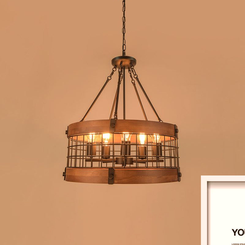 Drum Metal and Wood Hanging Fixture with Mesh Screen Lodge Style Multi Light Farmhouse Suspension Lamp in Brown Clearhalo 'Cast Iron' 'Ceiling Lights' 'Chandeliers' 'Industrial Chandeliers' 'Industrial' 'Metal' 'Middle Century Chandeliers' 'Rustic Chandeliers' 'Tiffany' Lighting' 1419859