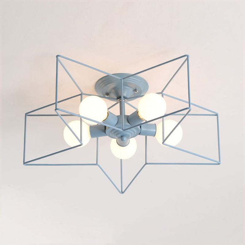 5 Bulbs Semi-Flush Ceiling Fixture with Star Cage Shade Metallic Loft Stylish Indoor Semi Flush Light in Grey/Pink Clearhalo 'Ceiling Lights' 'Close To Ceiling Lights' 'Close to ceiling' 'Semi-flushmount' Lighting' 1419866