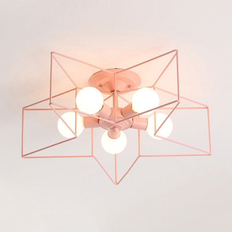 5 Bulbs Semi-Flush Ceiling Fixture with Star Cage Shade Metallic Loft Stylish Indoor Semi Flush Light in Grey/Pink Clearhalo 'Ceiling Lights' 'Close To Ceiling Lights' 'Close to ceiling' 'Semi-flushmount' Lighting' 1419868
