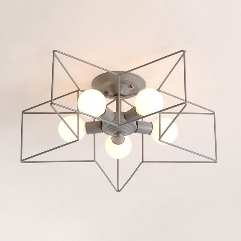 5 Bulbs Semi-Flush Ceiling Fixture with Star Cage Shade Metallic Loft Stylish Indoor Semi Flush Light in Grey/Pink Clearhalo 'Ceiling Lights' 'Close To Ceiling Lights' 'Close to ceiling' 'Semi-flushmount' Lighting' 1419870