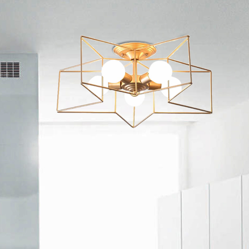 5 Bulbs Semi-Flush Ceiling Fixture with Star Cage Shade Metallic Loft Stylish Indoor Semi Flush Light in Grey/Pink Clearhalo 'Ceiling Lights' 'Close To Ceiling Lights' 'Close to ceiling' 'Semi-flushmount' Lighting' 1419871