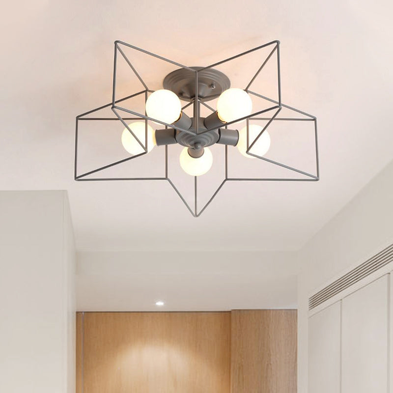 5 Bulbs Semi-Flush Ceiling Fixture with Star Cage Shade Metallic Loft Stylish Indoor Semi Flush Light in Grey/Pink Clearhalo 'Ceiling Lights' 'Close To Ceiling Lights' 'Close to ceiling' 'Semi-flushmount' Lighting' 1419873