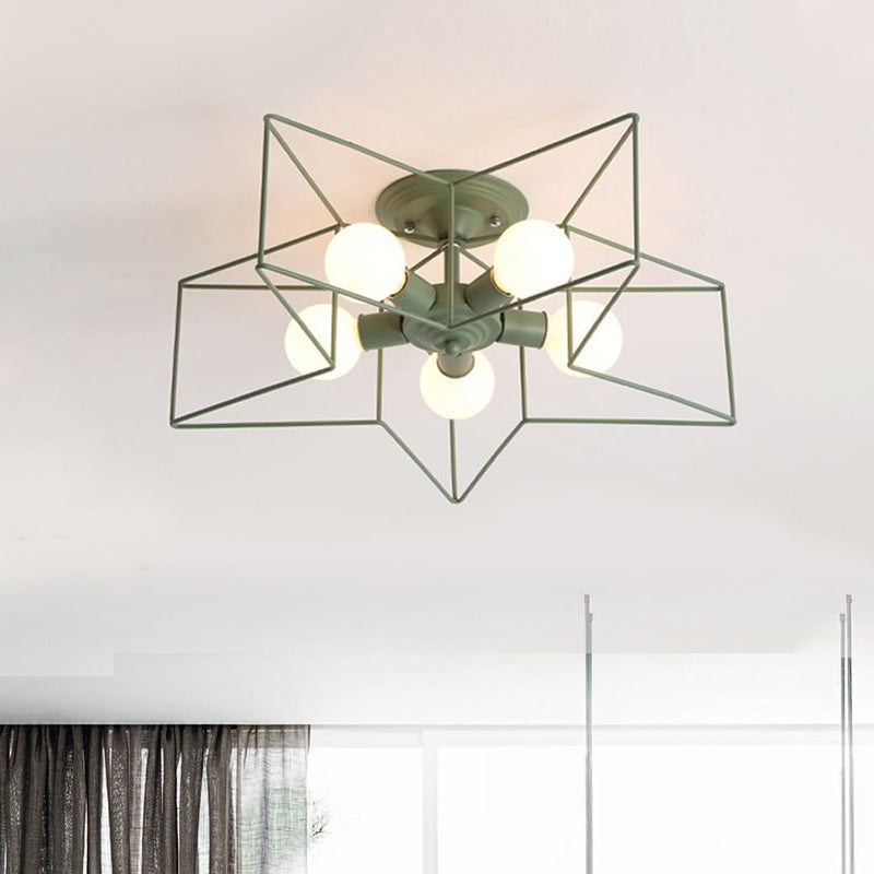 5 Bulbs Semi-Flush Ceiling Fixture with Star Cage Shade Metallic Loft Stylish Indoor Semi Flush Light in Grey/Pink Clearhalo 'Ceiling Lights' 'Close To Ceiling Lights' 'Close to ceiling' 'Semi-flushmount' Lighting' 1419874