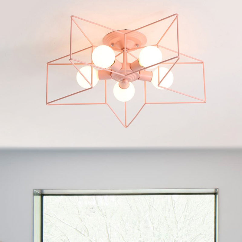5 Bulbs Semi-Flush Ceiling Fixture with Star Cage Shade Metallic Loft Stylish Indoor Semi Flush Light in Grey/Pink Clearhalo 'Ceiling Lights' 'Close To Ceiling Lights' 'Close to ceiling' 'Semi-flushmount' Lighting' 1419875