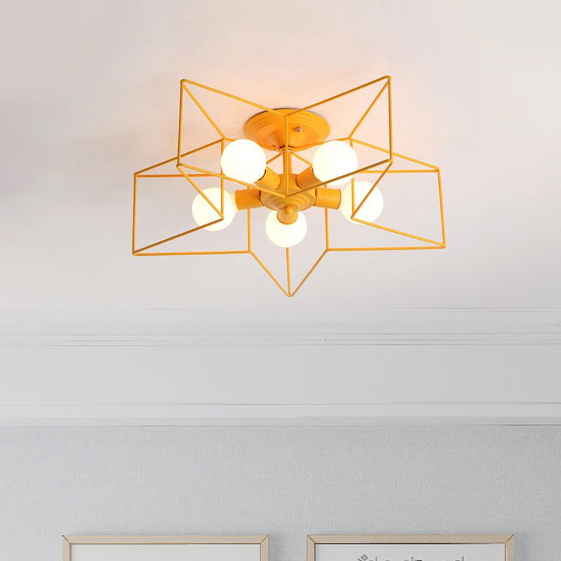 5 Bulbs Semi-Flush Ceiling Fixture with Star Cage Shade Metallic Loft Stylish Indoor Semi Flush Light in Grey/Pink Clearhalo 'Ceiling Lights' 'Close To Ceiling Lights' 'Close to ceiling' 'Semi-flushmount' Lighting' 1419876