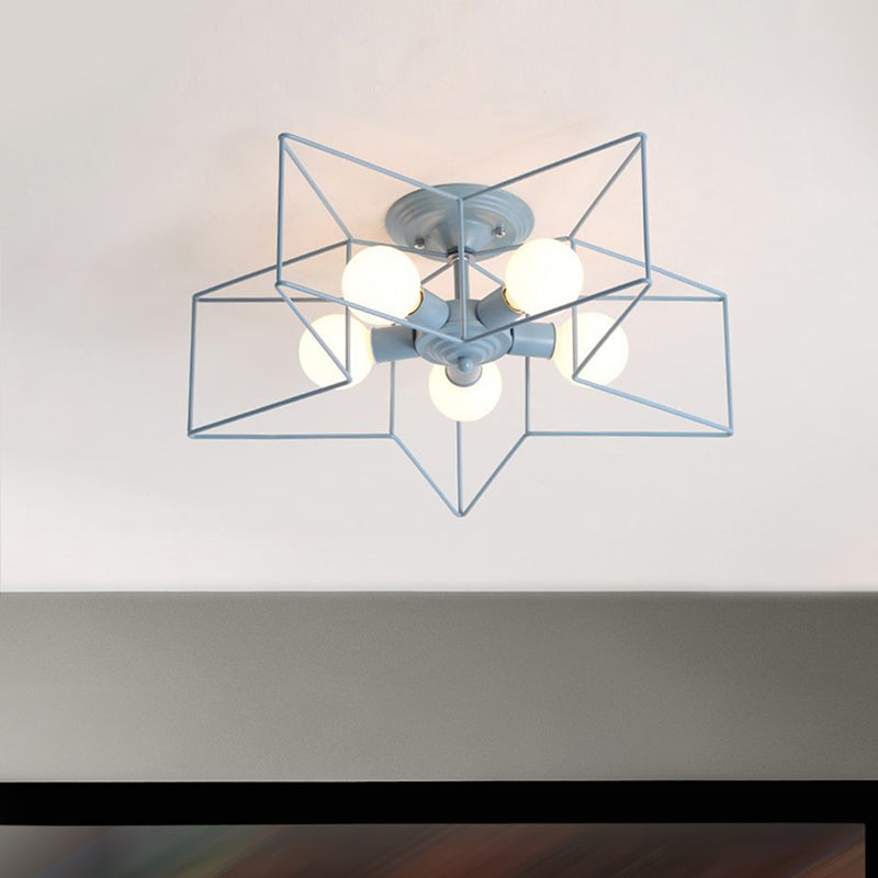 5 Bulbs Semi-Flush Ceiling Fixture with Star Cage Shade Metallic Loft Stylish Indoor Semi Flush Light in Grey/Pink Clearhalo 'Ceiling Lights' 'Close To Ceiling Lights' 'Close to ceiling' 'Semi-flushmount' Lighting' 1419877