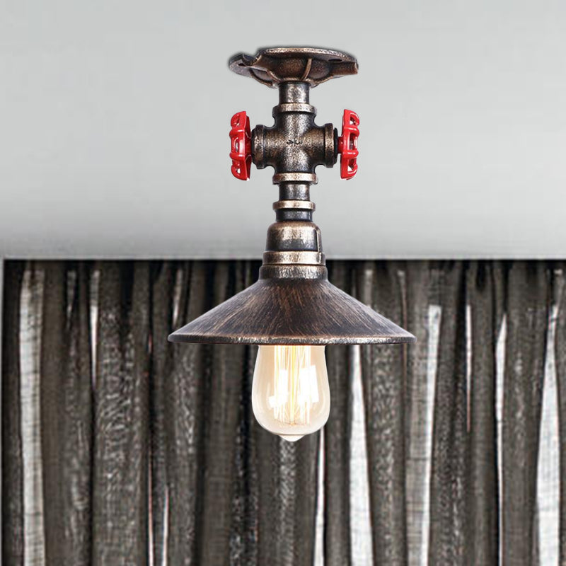 Cone Iron Semi-Flush Ceiling Light Loft Industrial 1 Light Bedroom Ceiling Lamp with Red Faucet Valve in Black/Bronze Clearhalo 'Ceiling Lights' 'Close To Ceiling Lights' 'Close to ceiling' 'Semi-flushmount' Lighting' 1419880