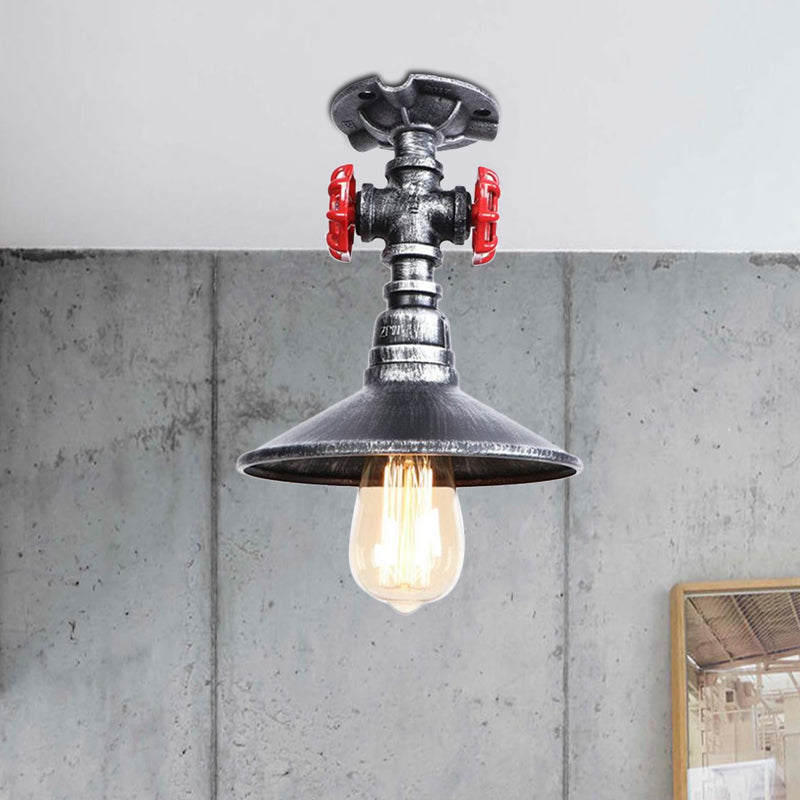Cone Iron Semi-Flush Ceiling Light Loft Industrial 1 Light Bedroom Ceiling Lamp with Red Faucet Valve in Black/Bronze Clearhalo 'Ceiling Lights' 'Close To Ceiling Lights' 'Close to ceiling' 'Semi-flushmount' Lighting' 1419881