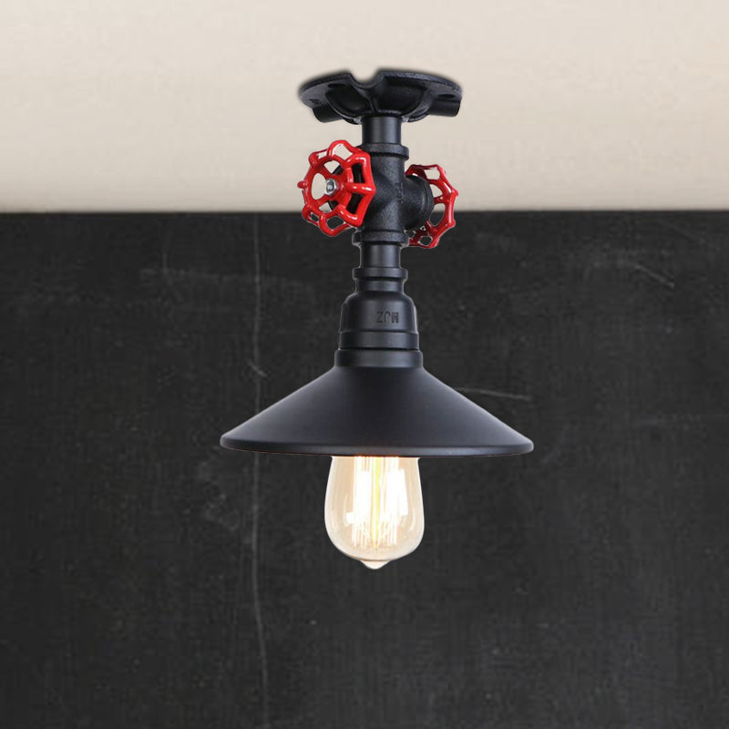 Cone Iron Semi-Flush Ceiling Light Loft Industrial 1 Light Bedroom Ceiling Lamp with Red Faucet Valve in Black/Bronze Clearhalo 'Ceiling Lights' 'Close To Ceiling Lights' 'Close to ceiling' 'Semi-flushmount' Lighting' 1419882