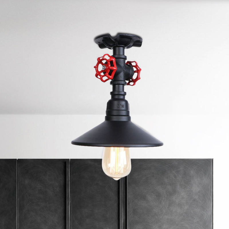Cone Iron Semi-Flush Ceiling Light Loft Industrial 1 Light Bedroom Ceiling Lamp with Red Faucet Valve in Black/Bronze Clearhalo 'Ceiling Lights' 'Close To Ceiling Lights' 'Close to ceiling' 'Semi-flushmount' Lighting' 1419883