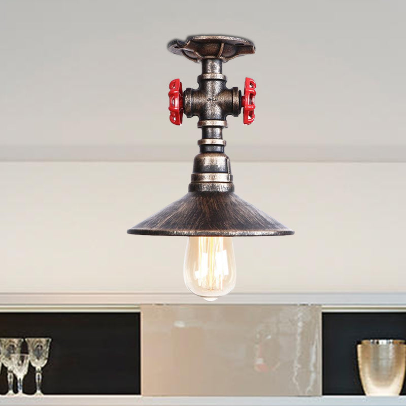Cone Iron Semi-Flush Ceiling Light Loft Industrial 1 Light Bedroom Ceiling Lamp with Red Faucet Valve in Black/Bronze Clearhalo 'Ceiling Lights' 'Close To Ceiling Lights' 'Close to ceiling' 'Semi-flushmount' Lighting' 1419884