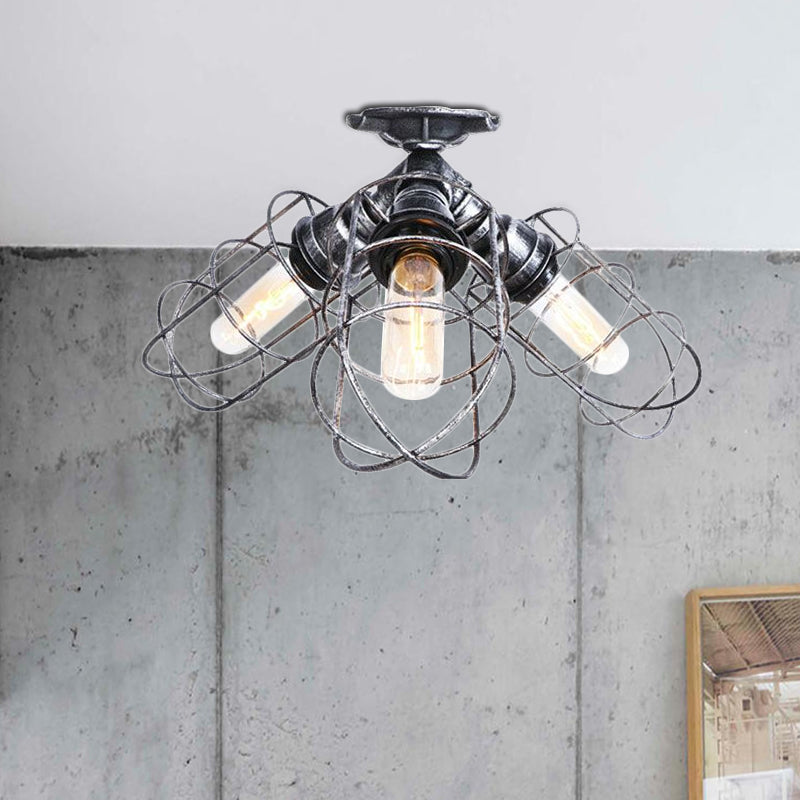 3 Lights Semi Flush Light with Wire Frame Wrought Iron Rustic Stylish Farmhouse Semi Flush Pendant Light in Bronze/Aged Silver Clearhalo 'Ceiling Lights' 'Close To Ceiling Lights' 'Close to ceiling' 'Semi-flushmount' Lighting' 1419885