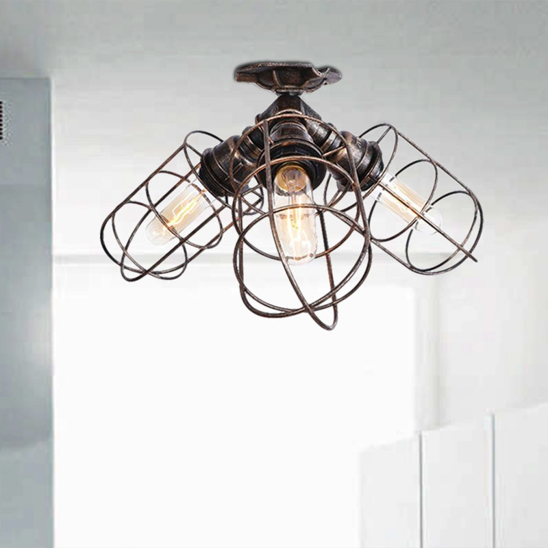 3 Lights Semi Flush Light with Wire Frame Wrought Iron Rustic Stylish Farmhouse Semi Flush Pendant Light in Bronze/Aged Silver Clearhalo 'Ceiling Lights' 'Close To Ceiling Lights' 'Close to ceiling' 'Semi-flushmount' Lighting' 1419886