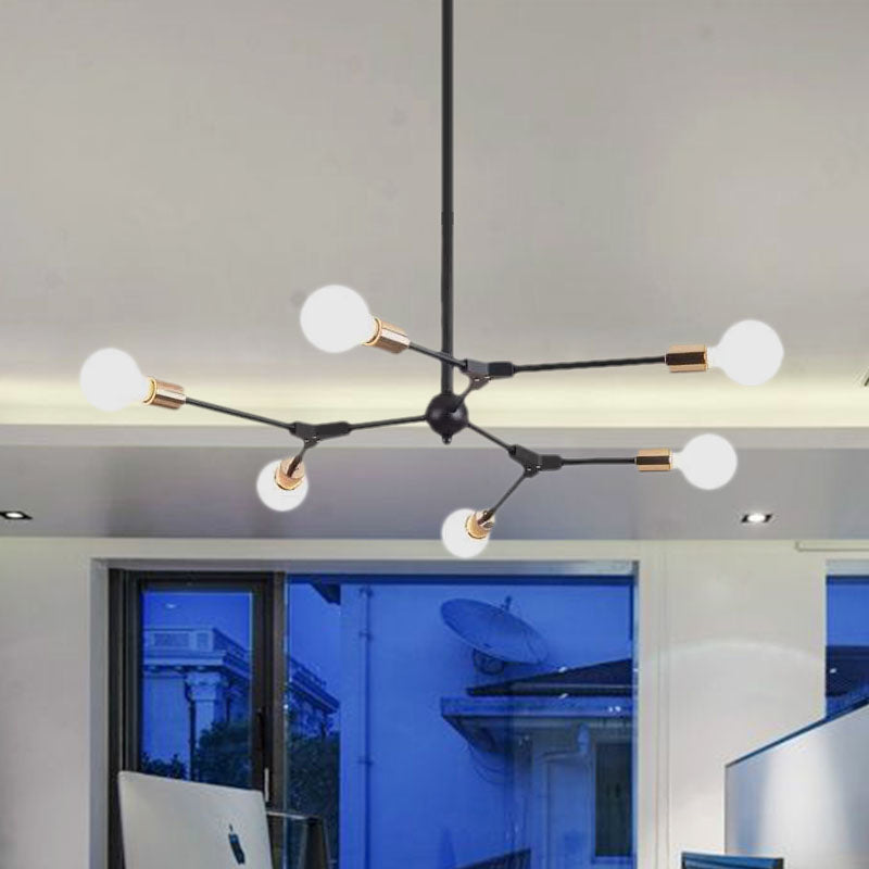 Black Finish Branch Suspension Light Retro Style Metallic 6/8 Lights Bedroom Chandelier Lamp with Open Bulb Clearhalo 'Cast Iron' 'Ceiling Lights' 'Chandeliers' 'Industrial Chandeliers' 'Industrial' 'Metal' 'Middle Century Chandeliers' 'Rustic Chandeliers' 'Tiffany' Lighting' 1419891